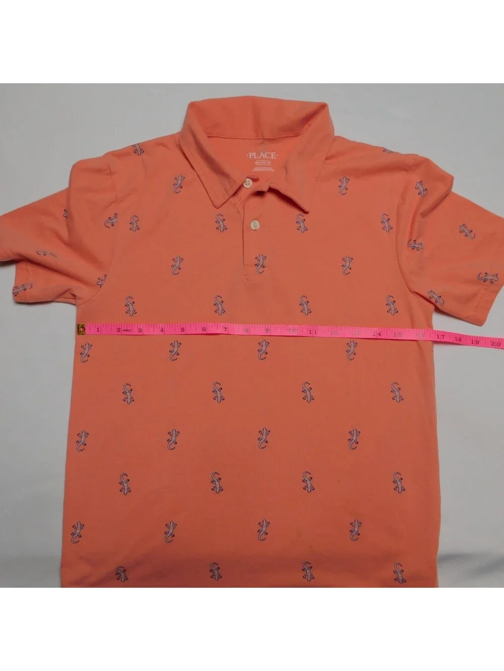 The Childrens Place Boys XXL 16 Polo Shirt Salmon Coral Pink Lizard Gecko All Ov